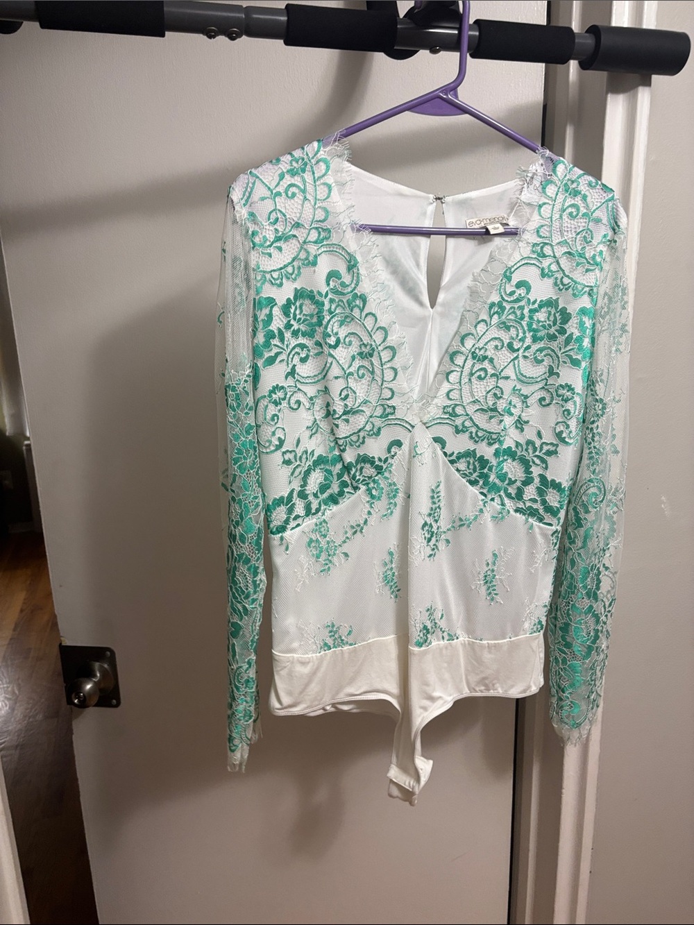 Eva Mendes NY&Co White Teal Floral Lace Long Sleeve Bodysuit